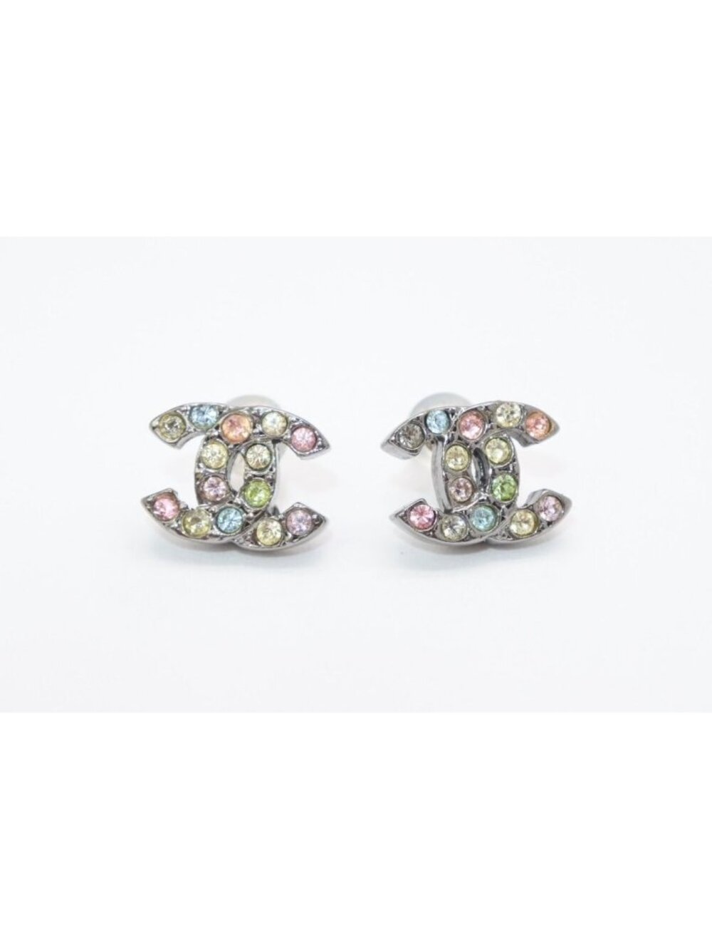 Chanel CC Logo Earrings 05 Color Stone Metal Silver